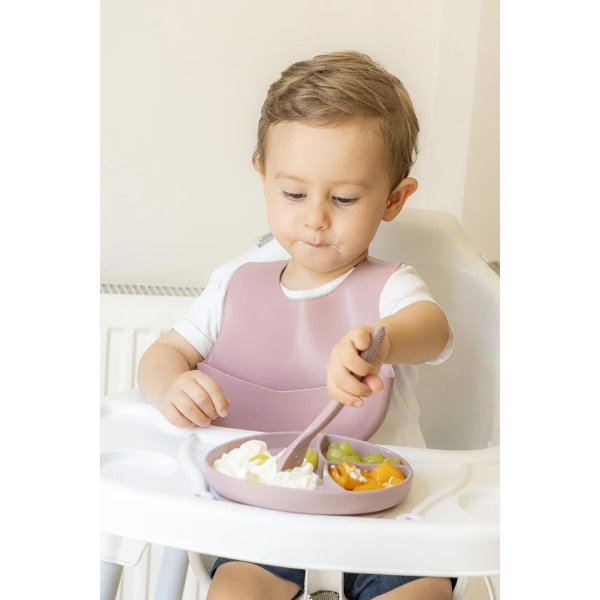 Pembe 3’lü Silikon Yemek Seti – Önlük + Diş Kaşıyıcılı Kaşık + Vakumlu Tabak  - 2